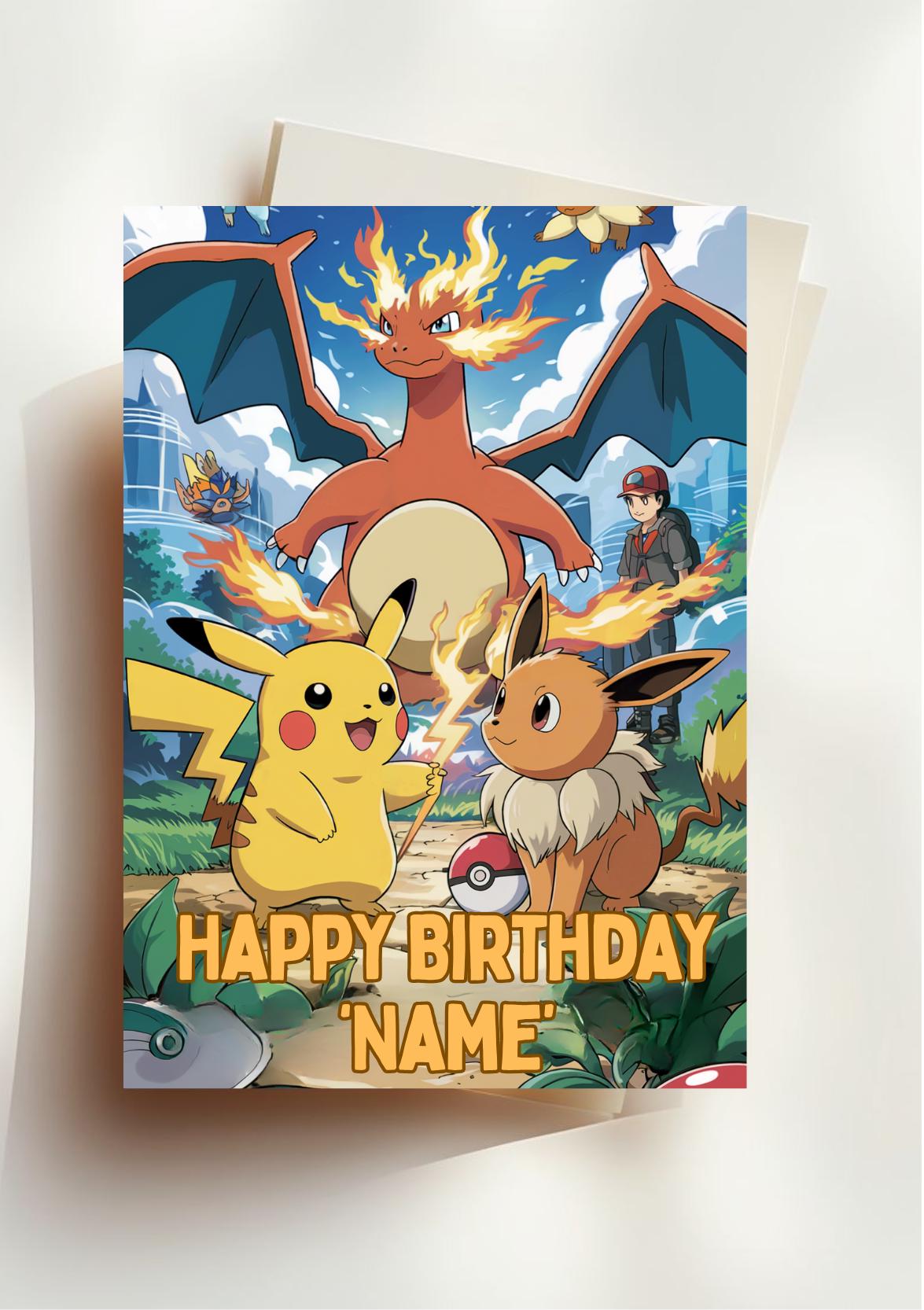 Personalized Pokémon Birthday Card Handmade A5 Greeting with Pikachu Charizard Eevee for Fans Kids Party Invite