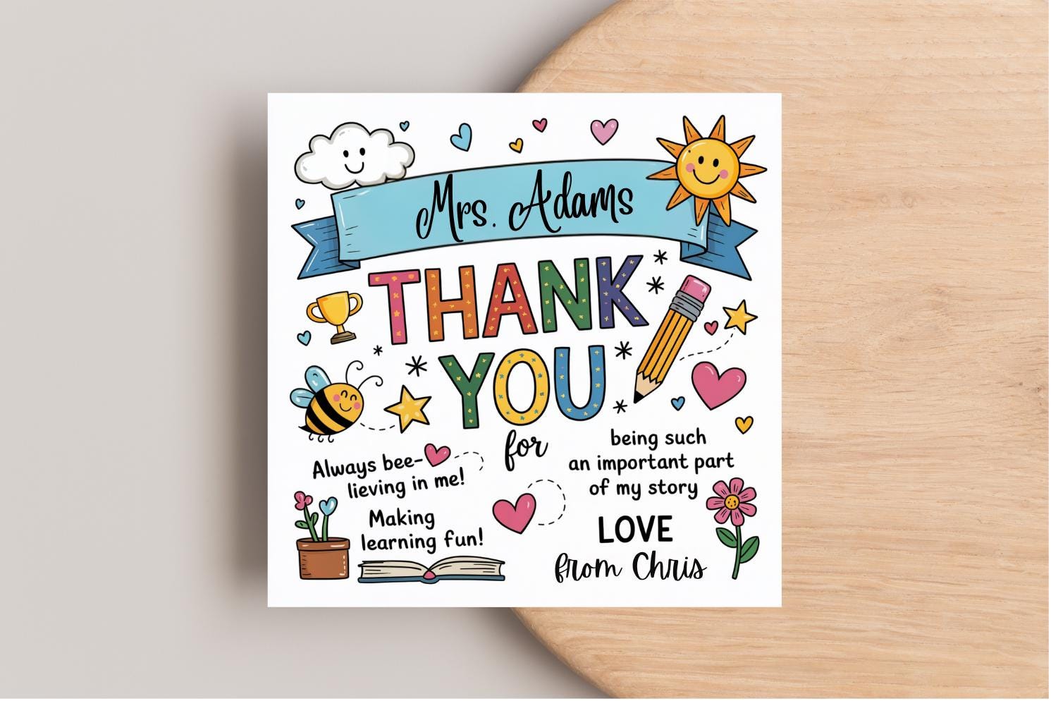 Personalized Teacher Appreciation Card - Custom Thank You Gift for School Leavers & Educators, End of Year Keepsake
