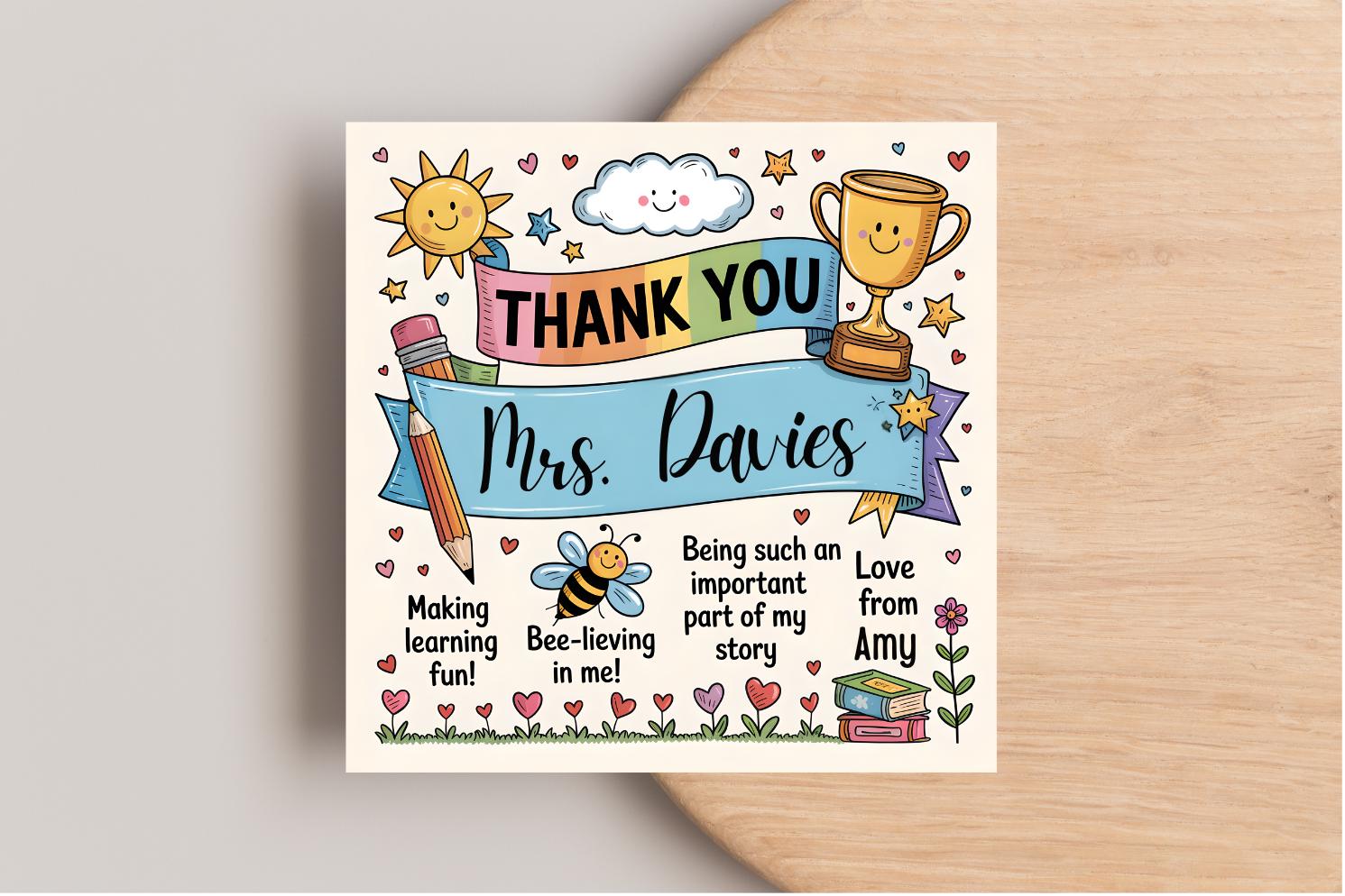 Personalised Teacher Appreciation Card – Custom Thank You Gift for School Leavers, End of Year Farewell Card