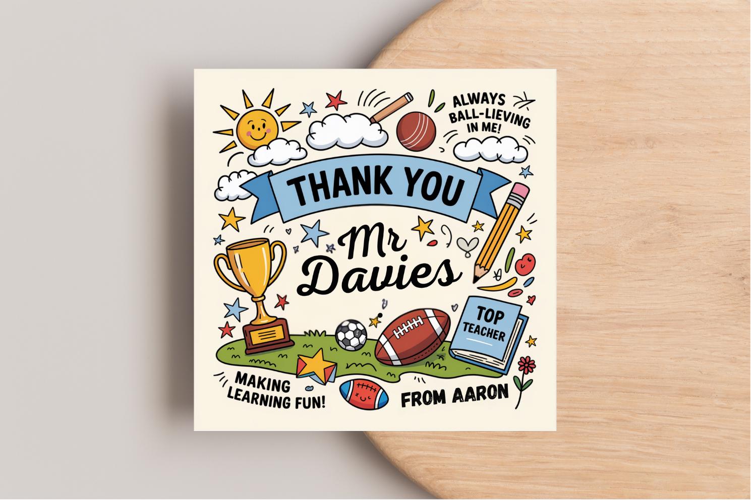 Personalised Thank You Teacher Card – Custom Sports-Themed Appreciation Gift for School Leavers & Coaches