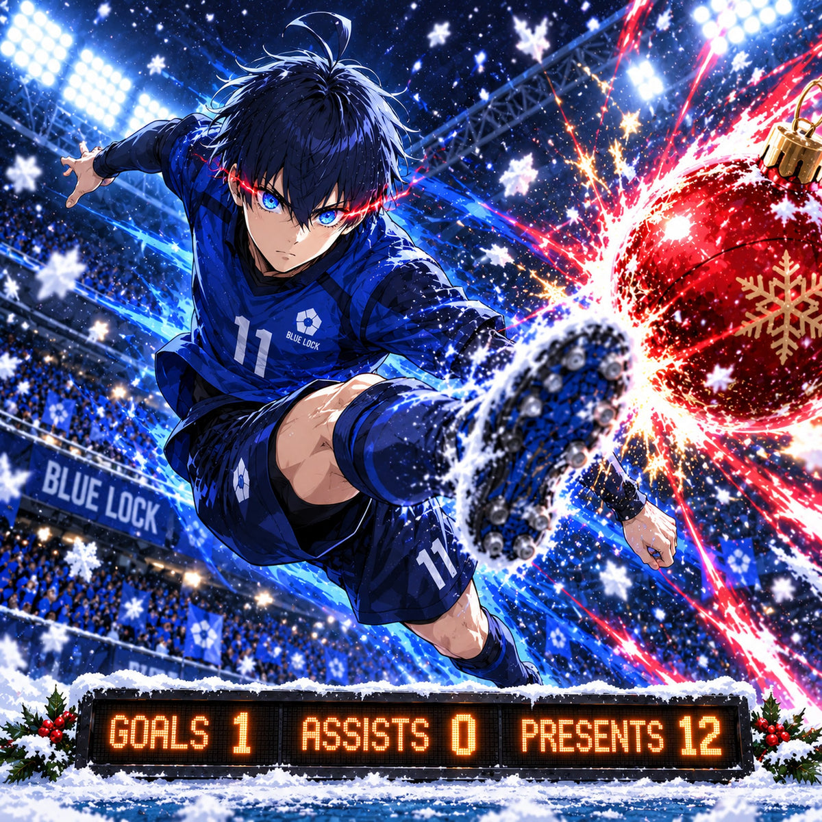 Blue Lock striker in a blue number 11 kit volleying a red Christmas bauble, scoreboard reading GOALS 1 ASSISTS 0 PRESENTS 12