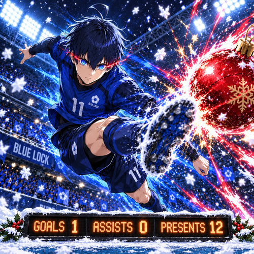 Blue Lock striker in a blue number 11 kit volleying a red Christmas bauble, scoreboard reading GOALS 1 ASSISTS 0 PRESENTS 12