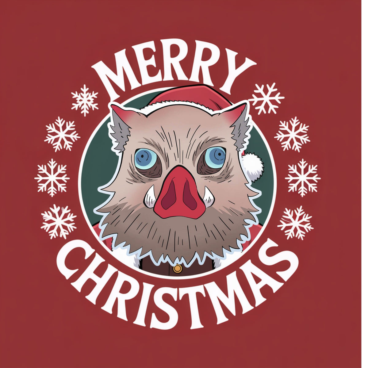Chibi Inosuke in his boar head and a Santa hat inside a snowflake badge