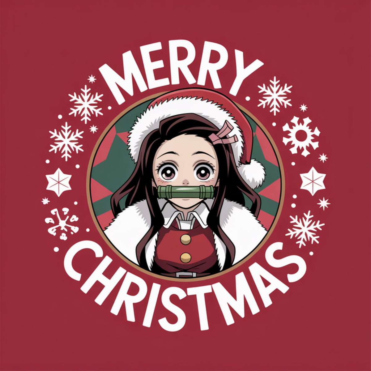 Chibi Nezuko in a Santa outfit with her bamboo muzzle inside a snowflake badge