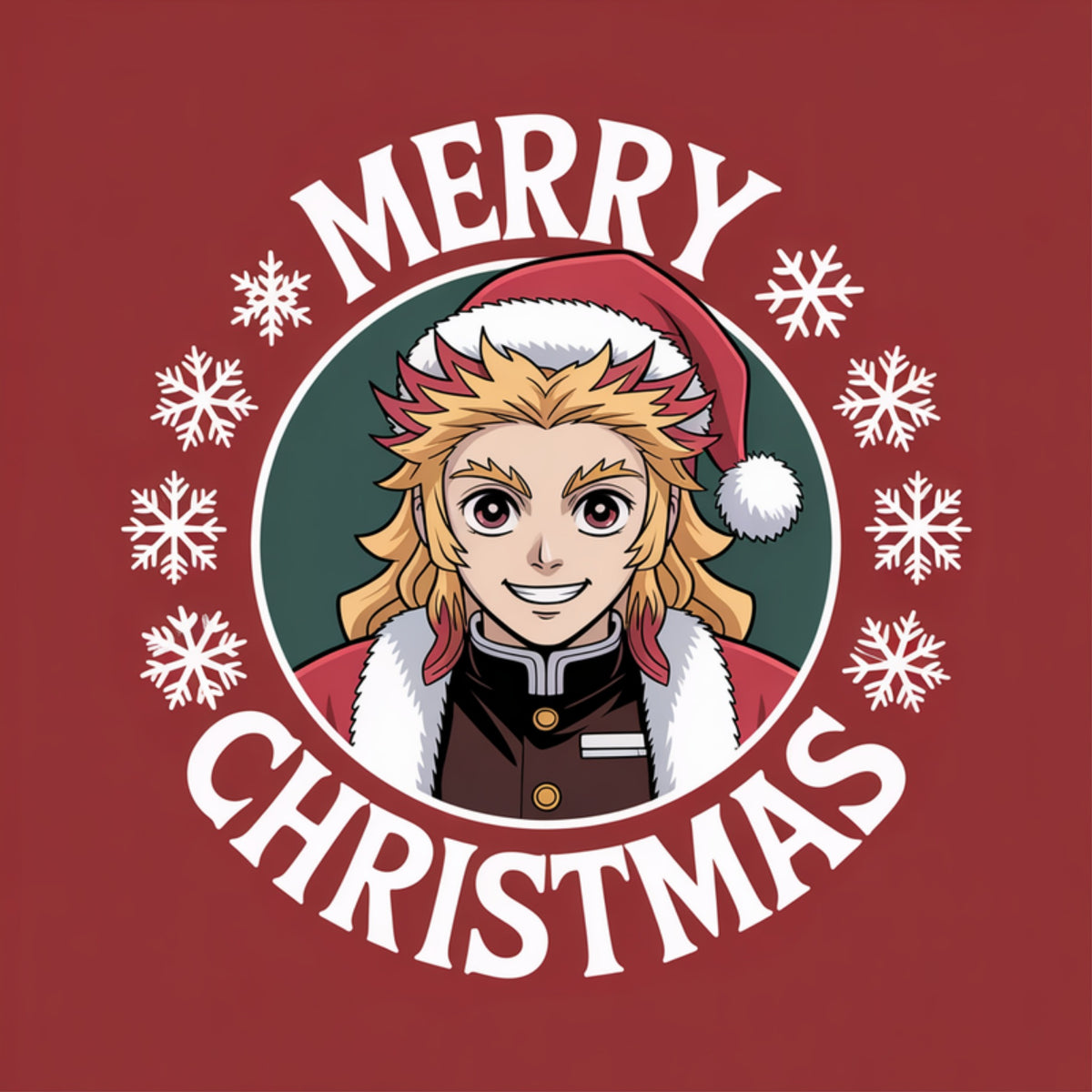 Chibi Rengoku in a Santa hat and Demon Slayer uniform inside a snowflake badge
