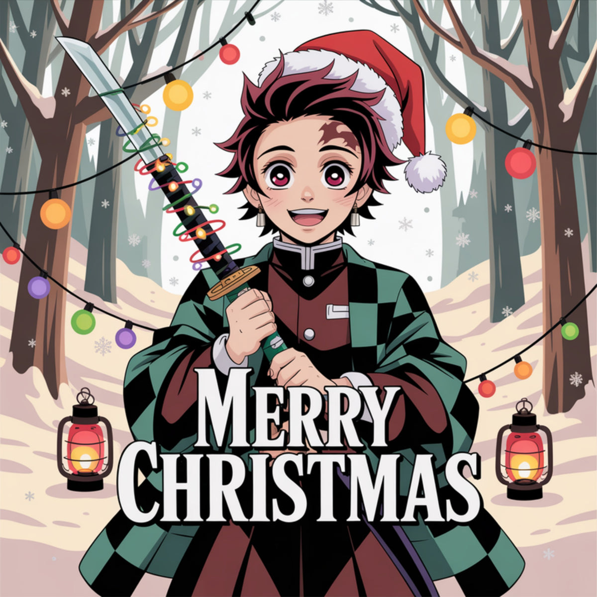 Tanjiro in a Santa hat holding a blade wrapped in fairy lights in a snowy lantern-lit forest