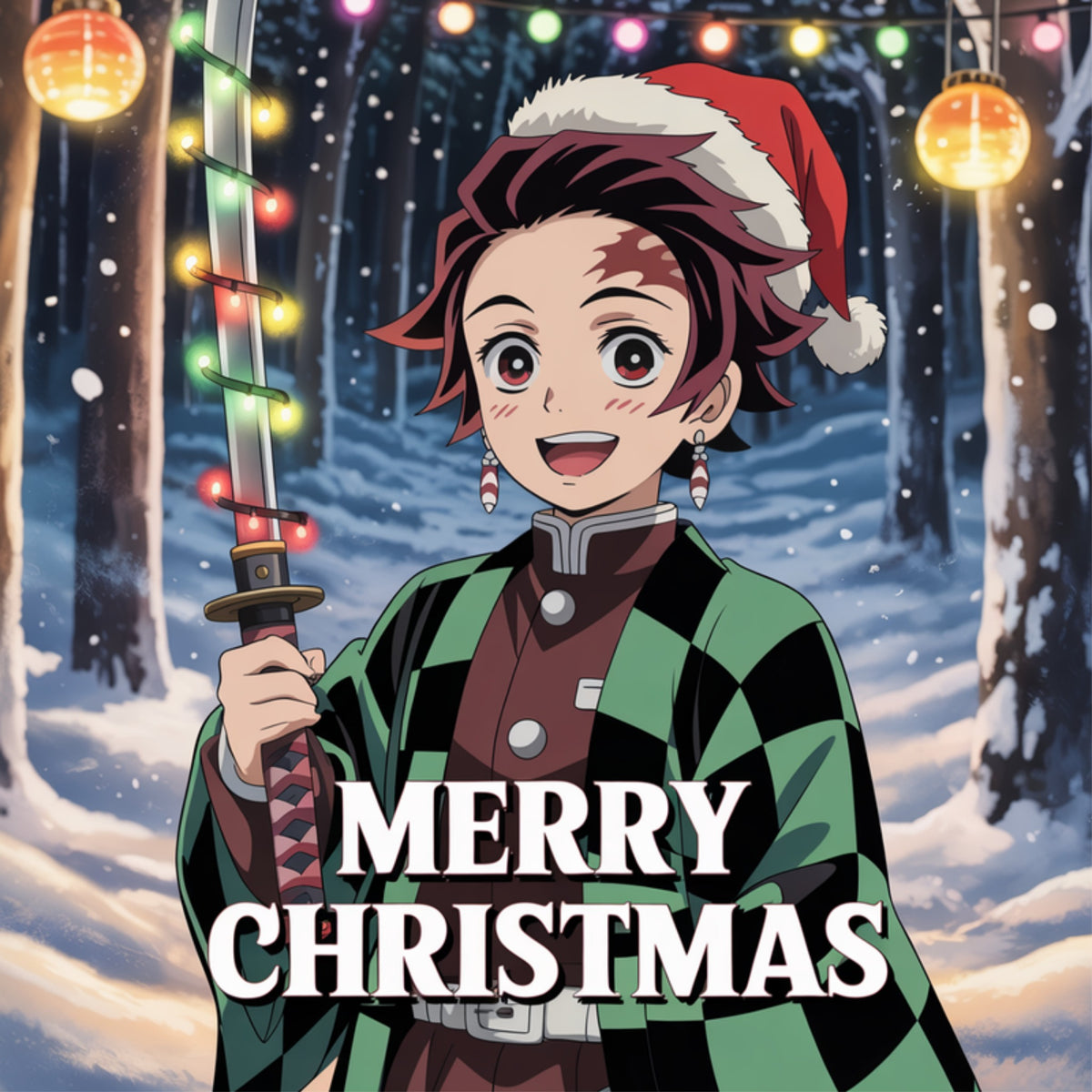 Tanjiro in a Santa hat raising his lit nichirin blade in a snowy forest at night