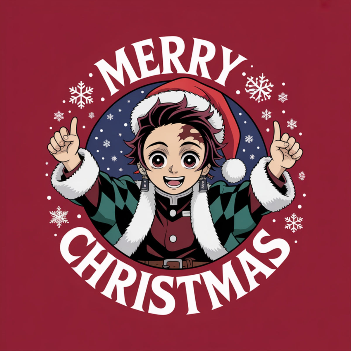 Chibi Tanjiro in a Santa hat and checkered haori cheering inside a snowflake badge