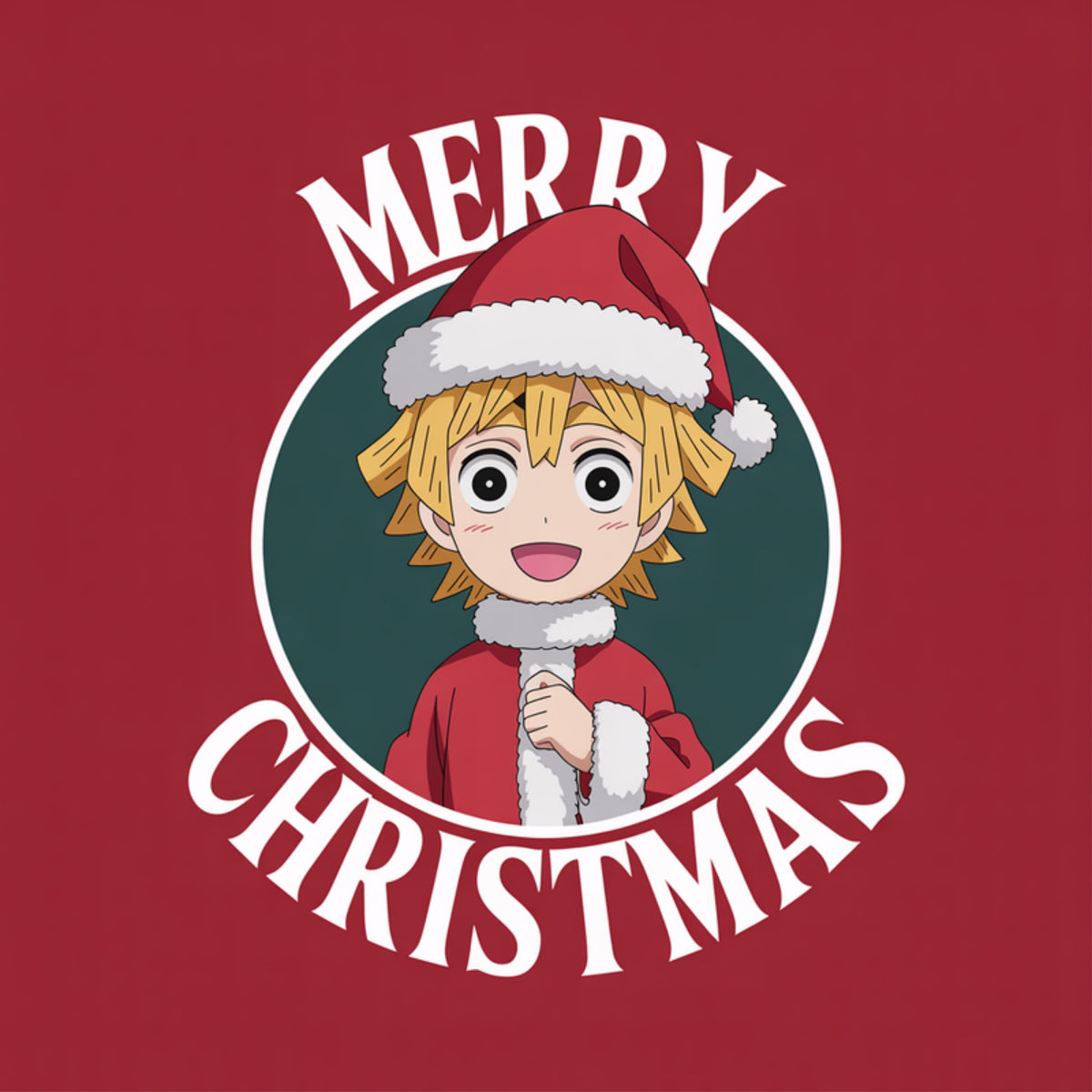 Chibi Zenitsu in a Santa suit and hat inside a badge
