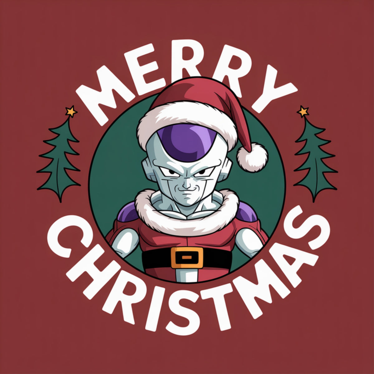 Chibi Frieza in a Santa suit and hat between two Christmas trees inside a badge