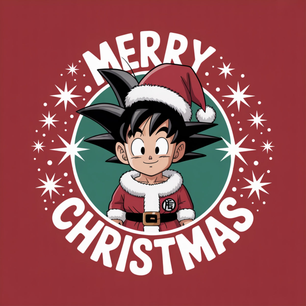 Chibi Goku in a Santa suit and hat inside a snowflake badge