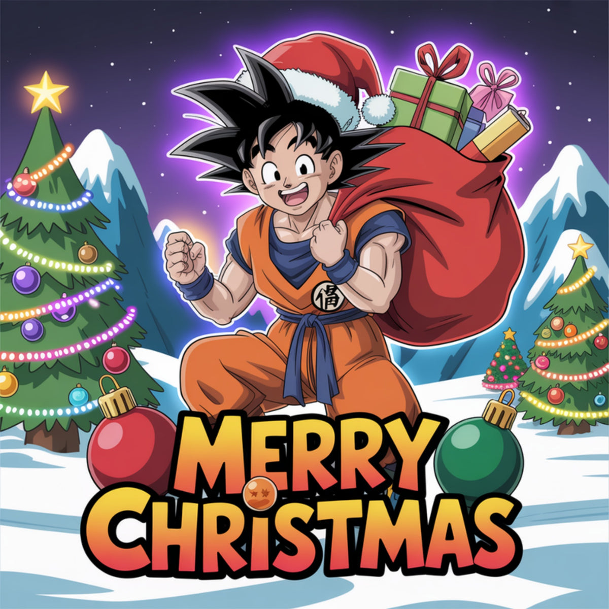 Goku in a Santa hat carrying a sack of presents past lit Christmas trees in the snow