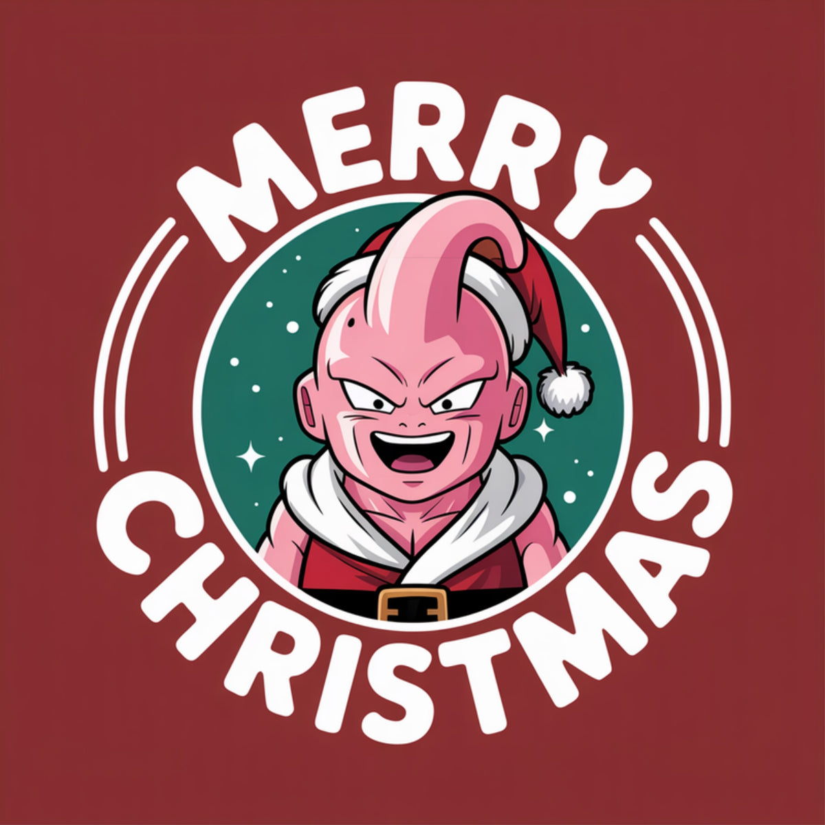 Chibi Majin Buu in a Santa suit and hat inside a snowflake badge