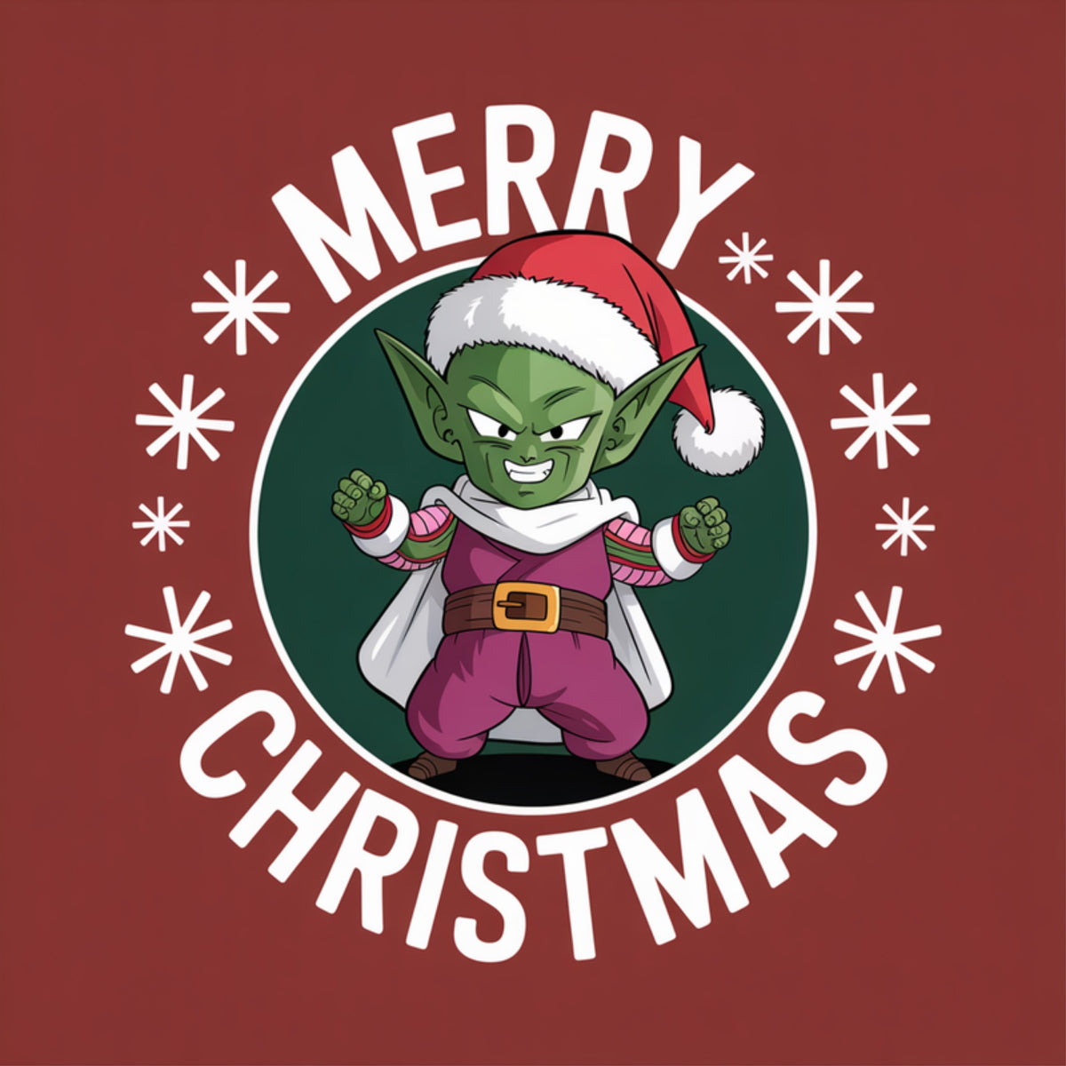 Chibi Piccolo in a Santa suit and cape inside a snowflake badge
