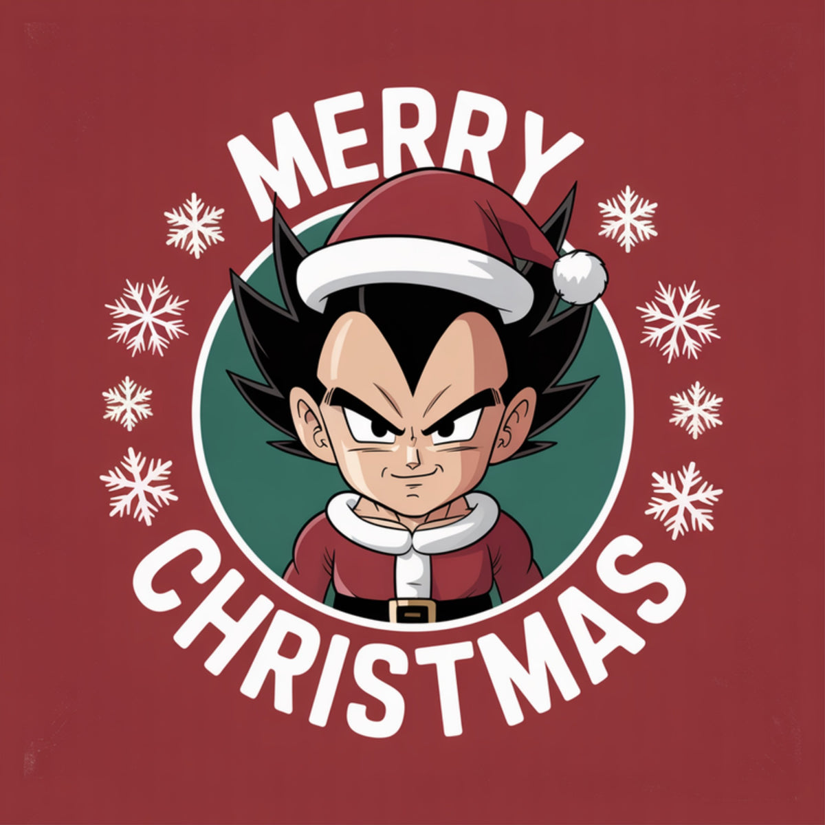 Chibi Vegeta scowling in a Santa suit and hat inside a snowflake badge