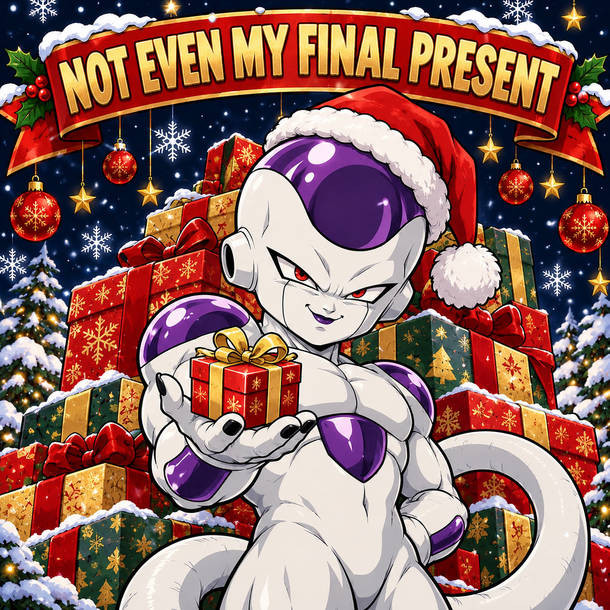Frieza in a Santa hat holding out one tiny present in front of a huge stack: Not even my final present