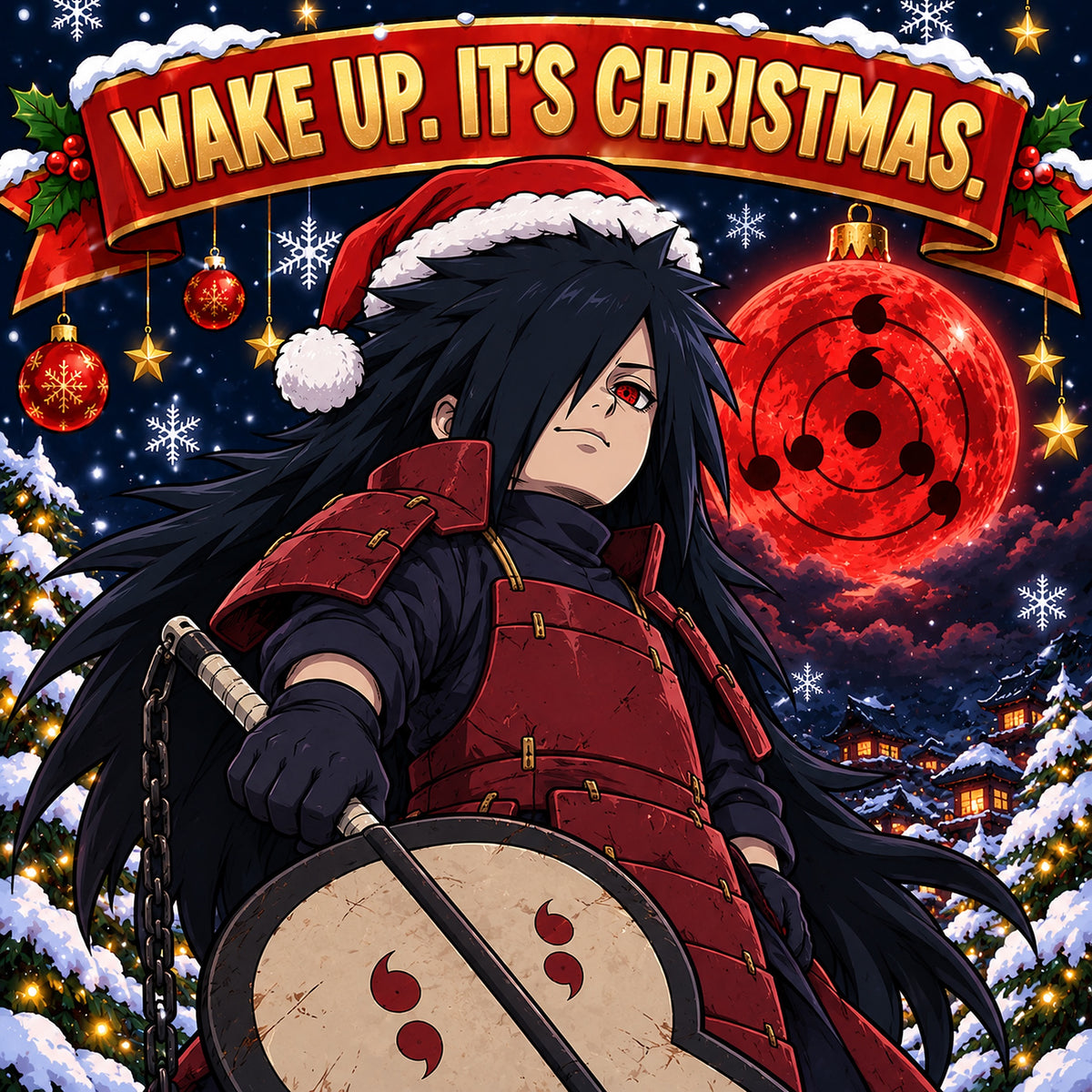 Madara in a Santa hat with his war fan and a red Infinite Tsukuyomi bauble moon: Wake up. It's Christmas.