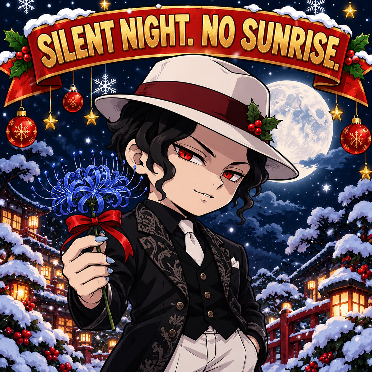 Muzan in his white fedora holding a blue spider lily under the moon: Silent night. No sunrise.