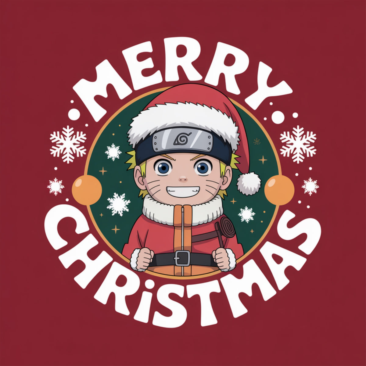 Chibi Naruto in a Santa suit with his Konoha headband inside a snowflake badge