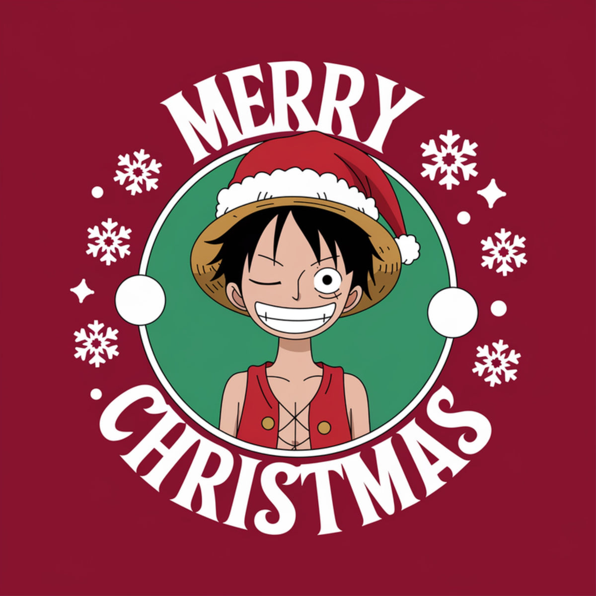 Luffy winking in a Santa hat over his straw hat inside a snowflake badge