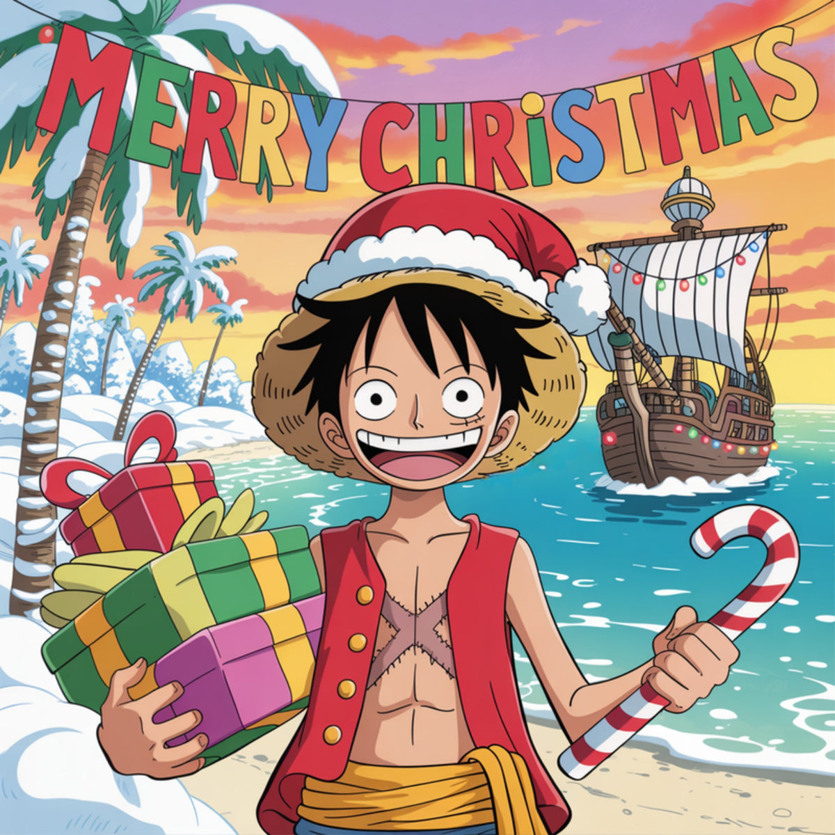 Luffy in a Santa hat holding presents and a candy cane on a snowy beach with the Going Merry