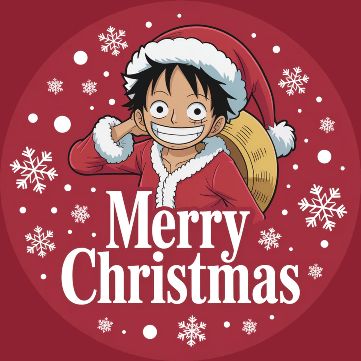 Luffy in a red Santa coat carrying a sack, surrounded by snowflakes
