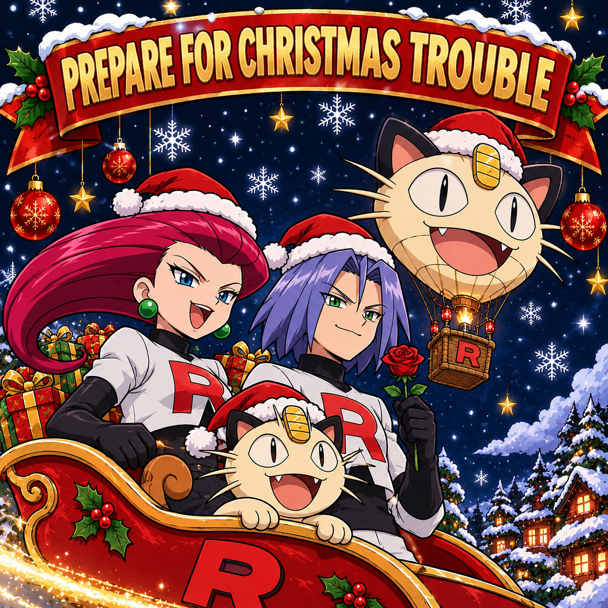 Team Rocket Jessie, James and Meowth in Santa hats riding a sleigh under a Meowth balloon: Prepare for Christmas trouble
