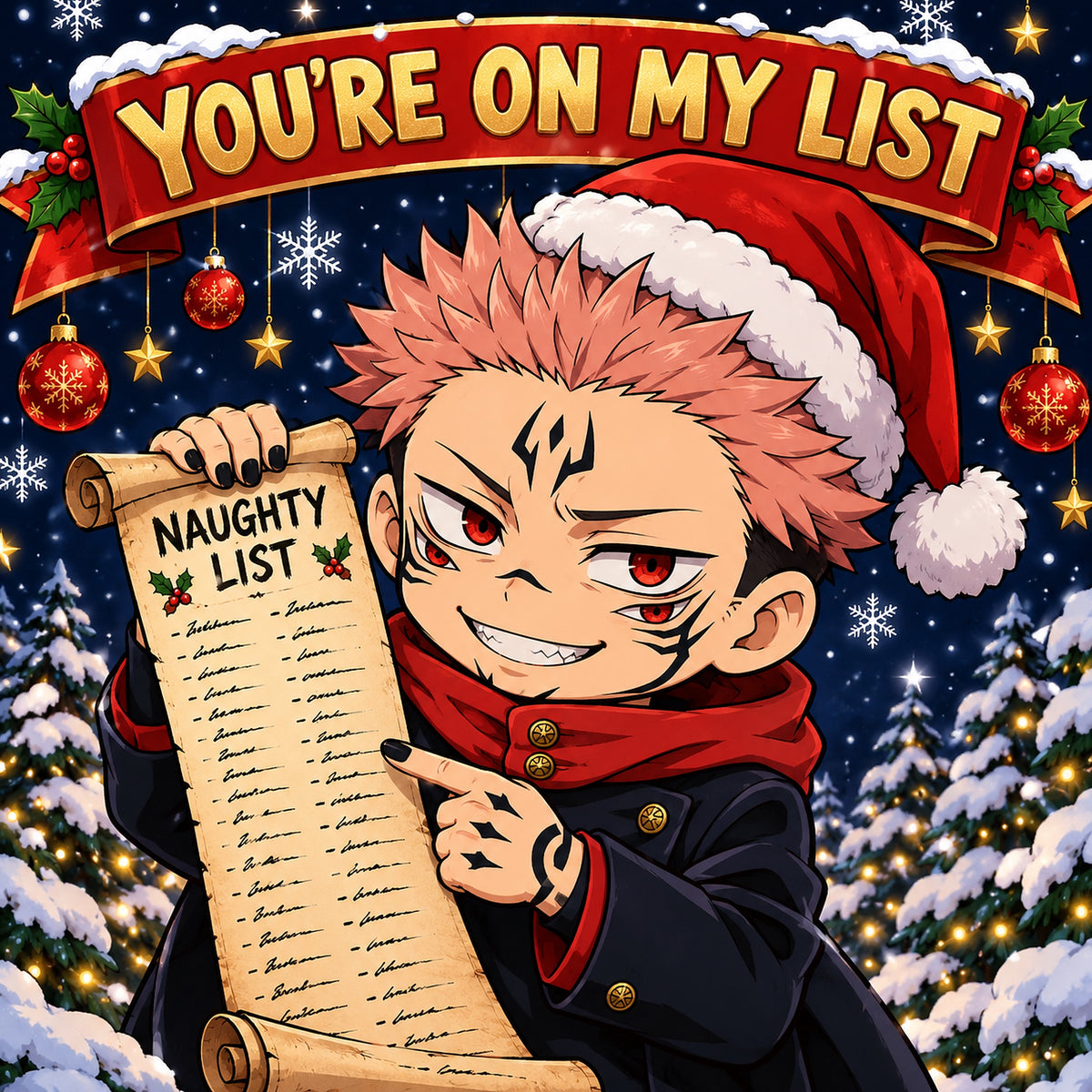 Chibi Sukuna in a Santa hat pointing at his Naughty List: You're on my list